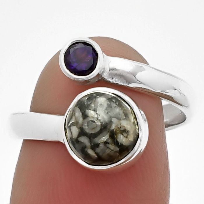 Adjustable - Crinoid Fossil Coral and Amethyst Ring size-8 SDR209647 R-1205, 8x8 mm