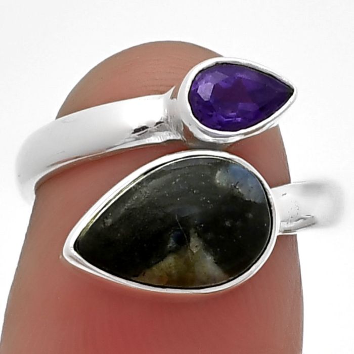 Adjustable - Llanite Blue Opal Crystal Sphere and Amethyst Ring size-6 SDR209686 R-1205, 7x11 mm