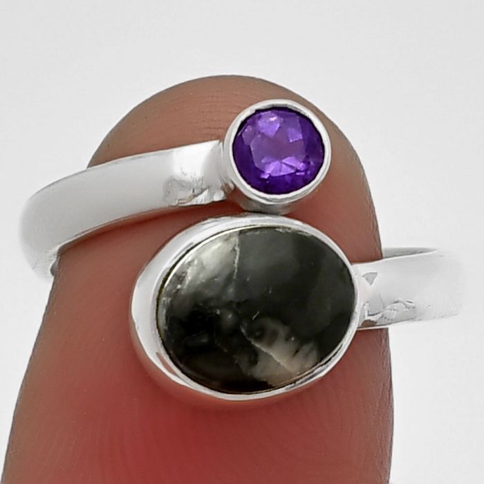 Adjustable - Mexican Cabbing Fossil and Amethyst Ring size-7.5 SDR209719 R-1205, 7x9 mm