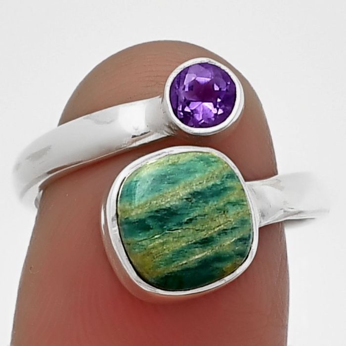 Adjustable - Russian Amazonite and Amethyst Ring size-7 SDR209733 R-1205, 8x8 mm