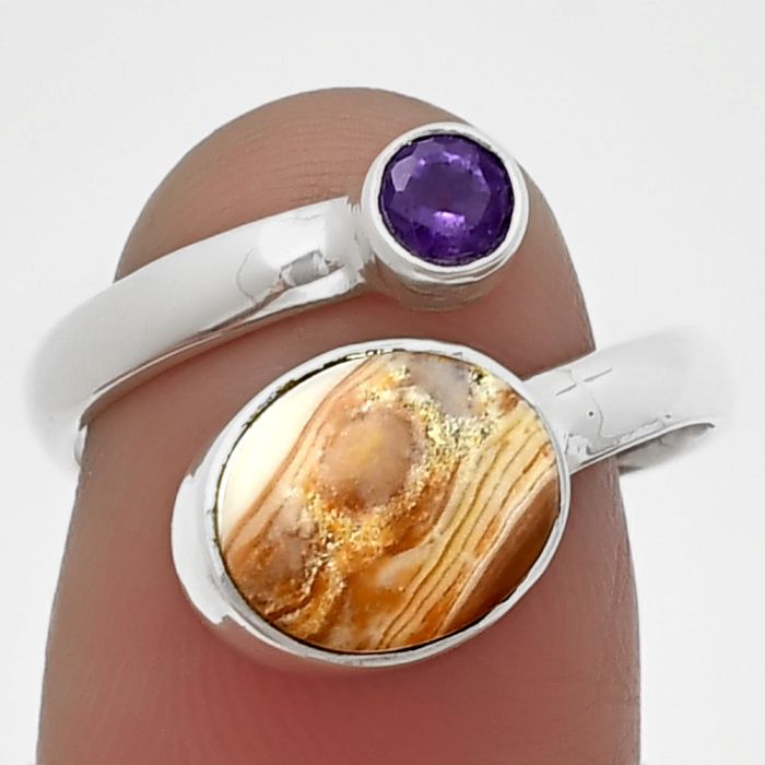 Adjustable - Laguna Lace Agate and Amethyst Ring size-7 SDR209745 R-1205, 8x10 mm