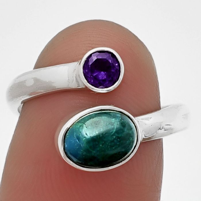 Adjustable - Azurite Chrysocolla and Amethyst Ring Size-7 SDR209754 R-1205, 6x8 mm