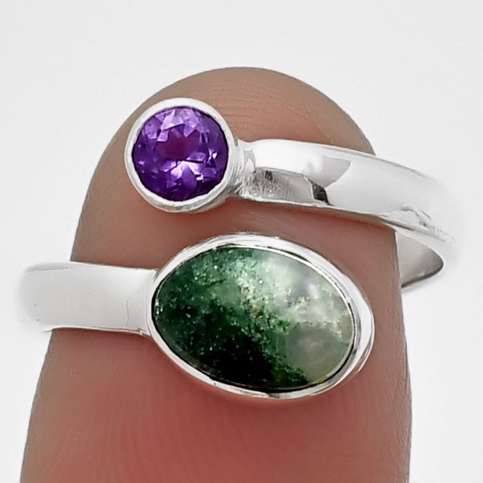 Adjustable - Green Aventurine and Amethyst Ring Size-8 SDR209756 R-1205, 6x9 mm