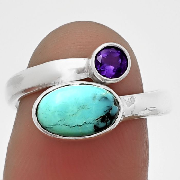 Adjustable - Lucky Charm Tibetan Turquoise and Amethyst Ring Size-8 SDR209769 R-1205, 6x10 mm