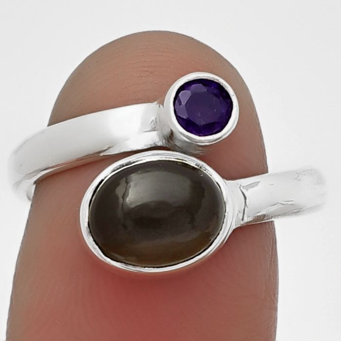 Adjustable - Gray Moonstone and Amethyst Ring Size-8 SDR209770 R-1205, 7x9 mm