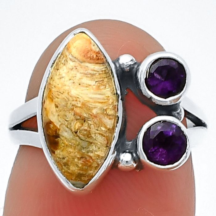Rock Calcy and Amethyst Ring Size-5 SDR210352 R-1228, 7x14 mm