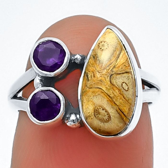 Rock Calcy and Amethyst Ring Size-6 SDR210355 R-1228, 7x13 mm