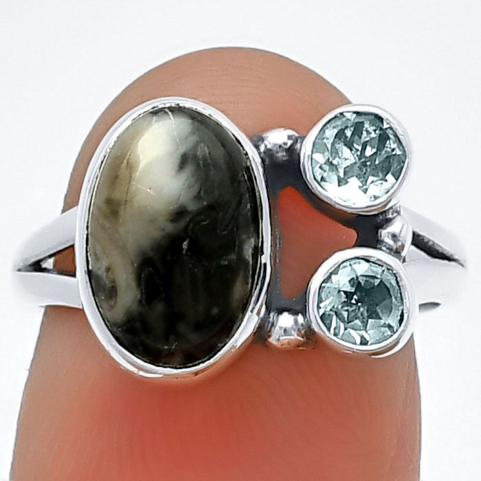 Authentic White Buffalo Turquoise Nevada and Sky Blue Topaz Ring Size-7 SDR210361 R-1228, 7x11 mm