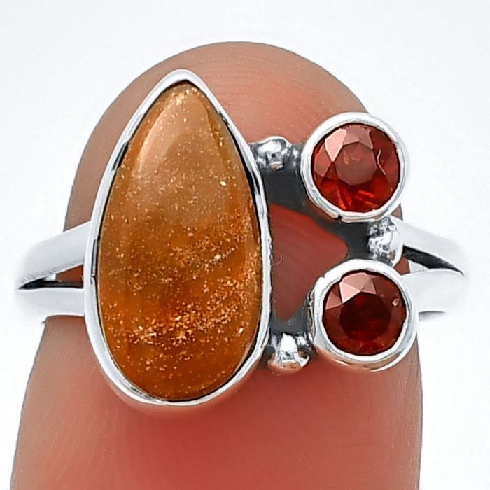 Red Moss Agate and Garnet Ring Size-7 SDR210380 R-1228, 7x14 mm