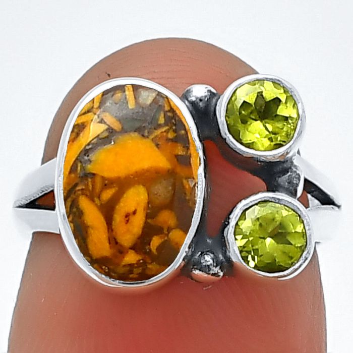 Coquina Fossil Jasper and Peridot Ring Size-5 SDR210388 R-1228, 7x10 mm