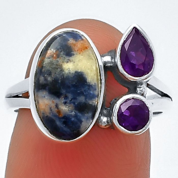 Sodalite and Amethyst Ring Size-8 SDR210397 R-1228, 8x13 mm