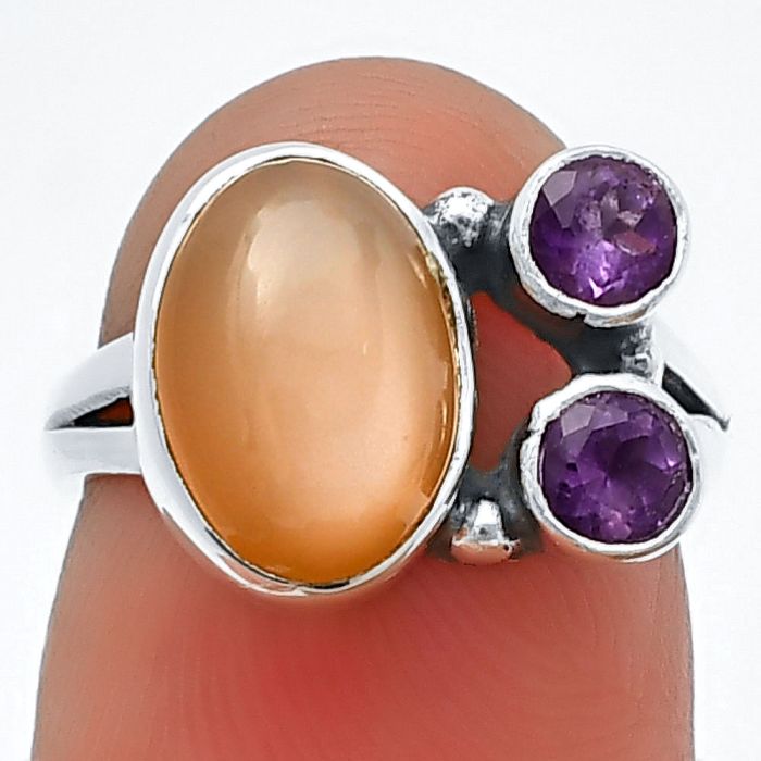 Peach Moonstone and Amethyst Ring Size-5 SDR210406 R-1228, 8x11 mm