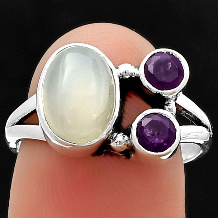 Srilankan Moonstone and Amethyst Ring Size-8 SDR210416 R-1228, 7x10 mm