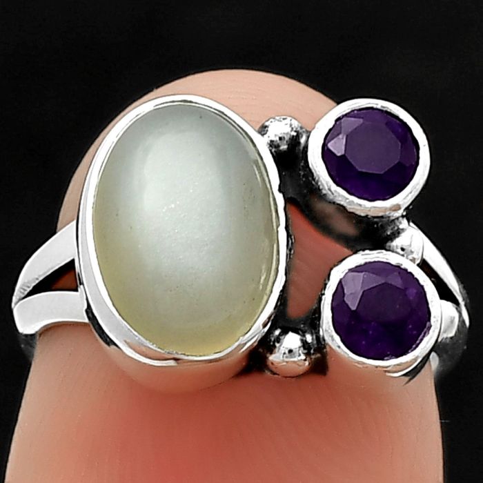 Srilankan Moonstone and Amethyst Ring Size-5 SDR210417 R-1228, 7x10 mm
