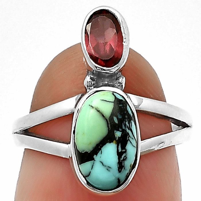Lucky Charm Tibetan Turquoise and Garnet Ring Size-6 SDR211094 R-1242, 6x10 mm
