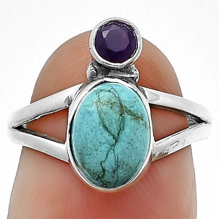 Natural Turquoise Morenci Mine and Amethyst Ring Size-6 SDR211095 R-1242, 7x9 mm