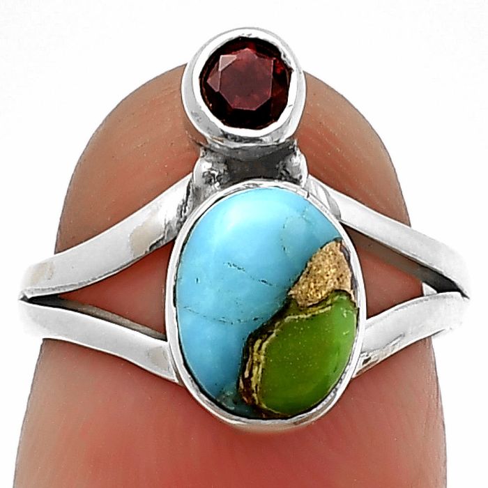 Blue Turquoise In Green Mohave and Garnet Ring Size-5 SDR211097 R-1242, 7x9 mm