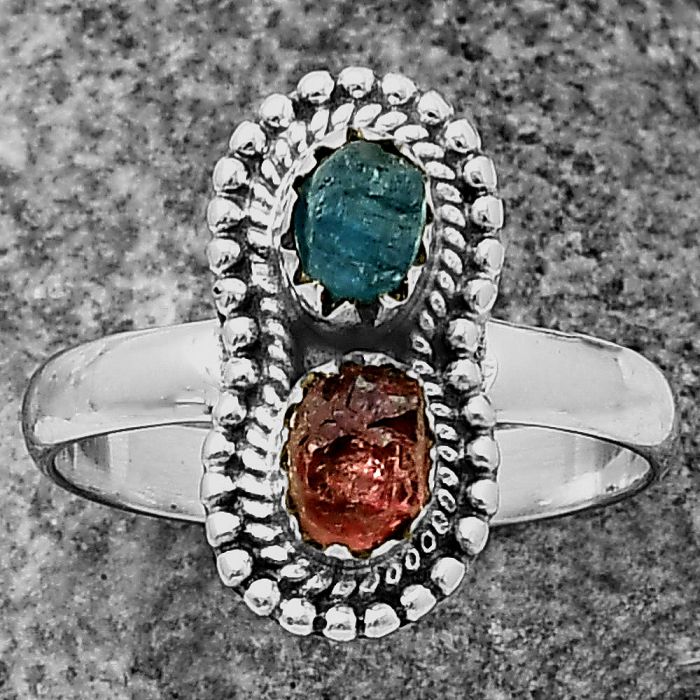 Ruby Rough and Neon Blue Apatite Rough Ring size-8 SDR211251 R-1386, 6x4 mm