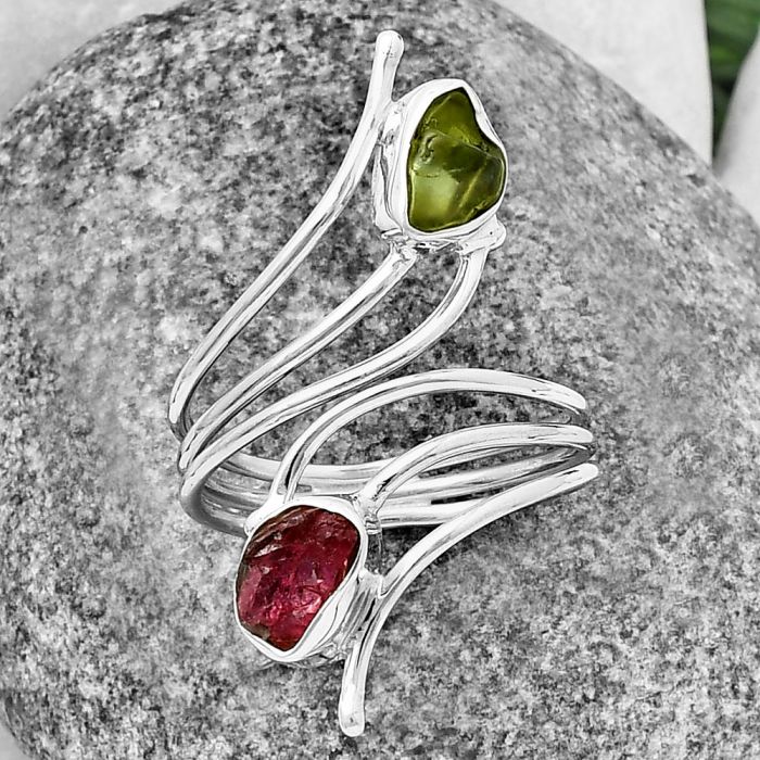 Adjustable - Pink Tourmaline Rough and Peridot Rough Ring Size-9 SDR212726 R-1409, 5x8 mm