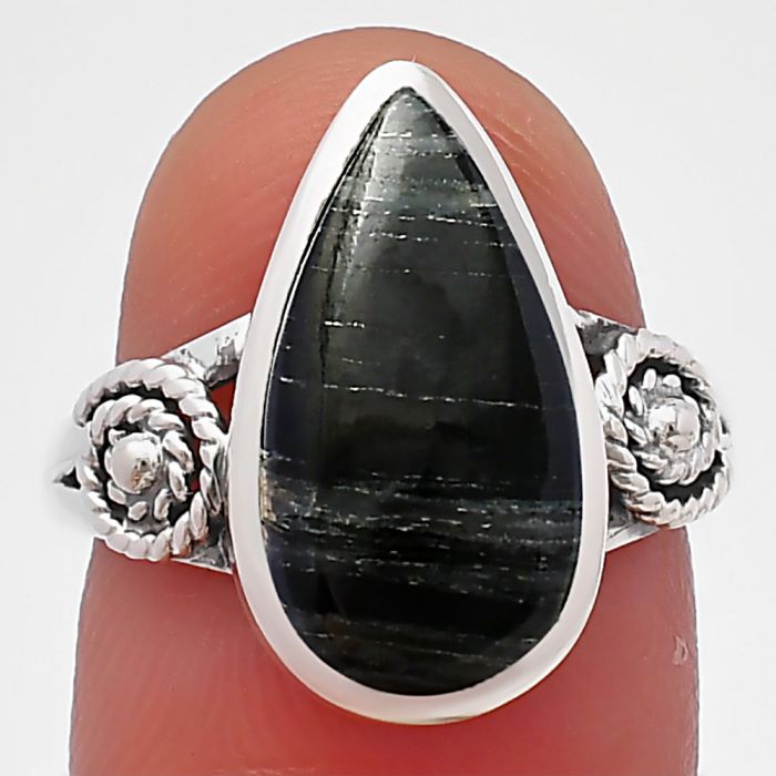 Spiral - Silver Leaf Obsidian Ring Size-7 SDR214125 R-1062, 8x16 mm