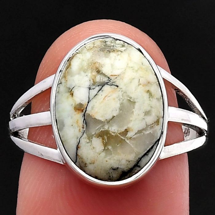 Authentic White Buffalo Turquoise Nevada Ring size-8.5 SDR218040 R-1003, 11x14 mm