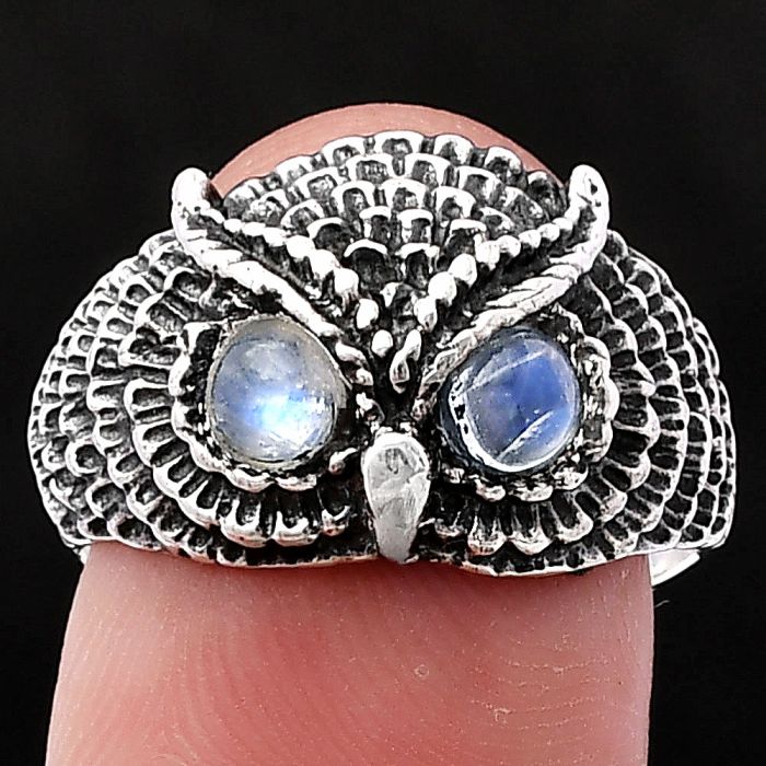 Owl - Rainbow Moonstone Ring size-7.5 SDR220500 R-1022, 4x4 mm