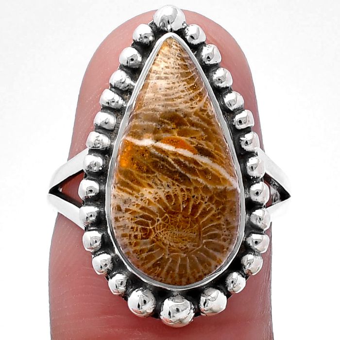 Flower Fossil Coral Ring size-7 SDR222320 R-1154, 10x18 mm
