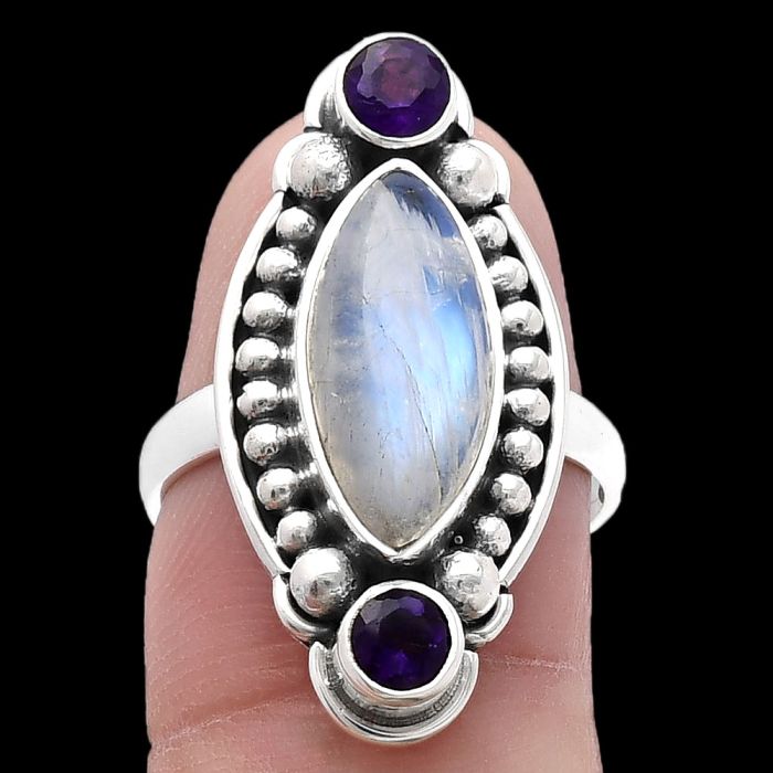 Rainbow Moonstone and Amethyst Ring size-7 SDR222884 R-1265, 7x15 mm