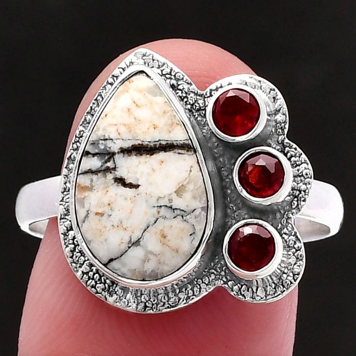 Authentic White Buffalo Turquoise Nevada and Garnet Ring size-9.5 SDR222972 R-1655, 8x13 mm