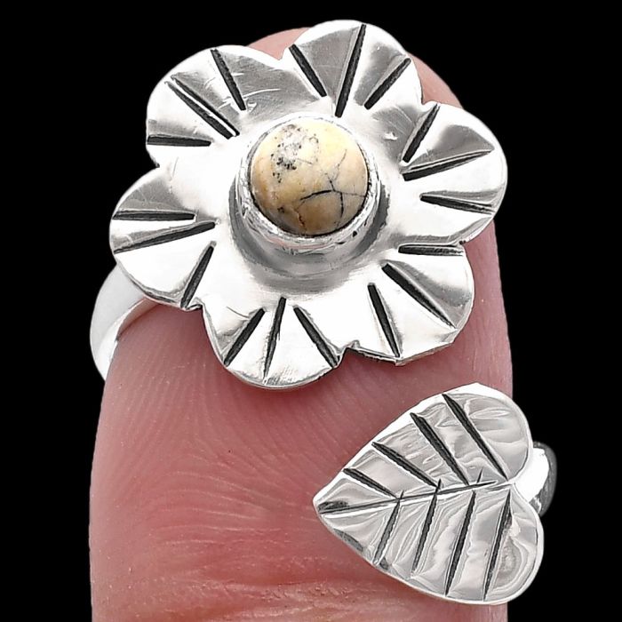 Adjustable Floral - Authentic White Buffalo Turquoise Nevada Ring size-8 SDR224553 R-1659, 5x5 mm
