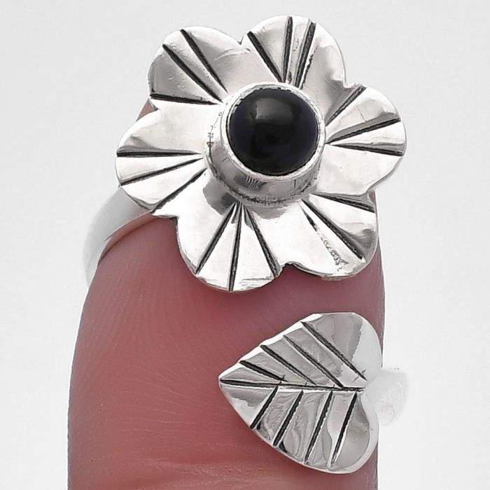 Adjustable Floral - Black Onyx Ring size-7.5 SDR224583 R-1659, 5x5 mm