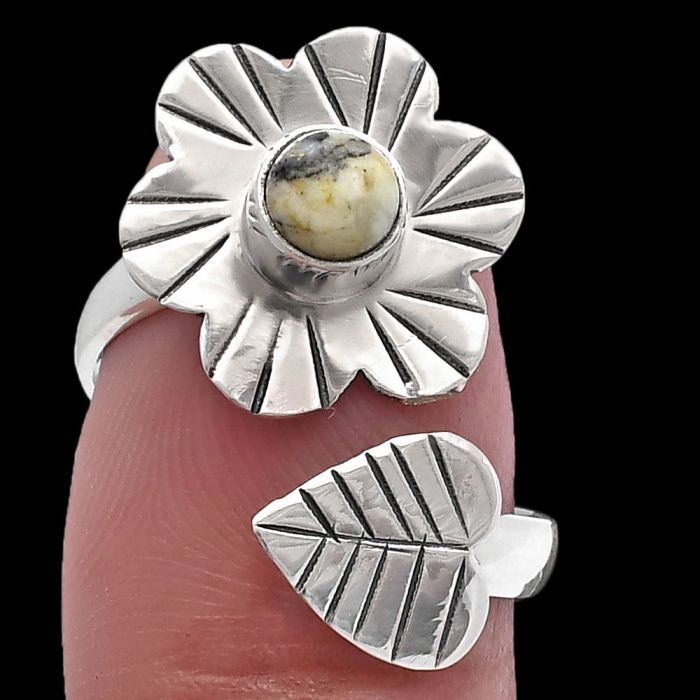 Adjustable Floral - Authentic White Buffalo Turquoise Nevada Ring size-8 SDR224584 R-1659, 5x5 mm