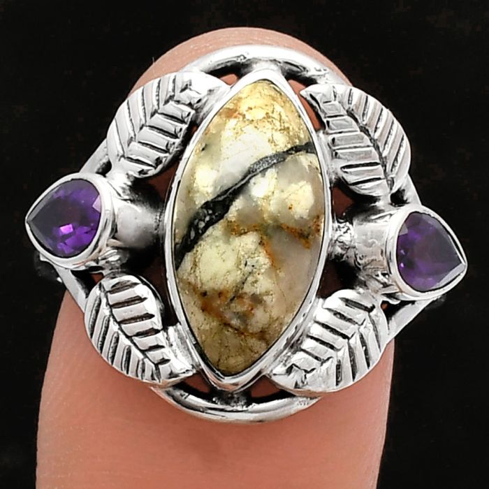 Southwest Design - Authentic White Buffalo Turquoise Nevada and Amethyst Ring size-9 SDR226160 R-1303, 8x15 mm