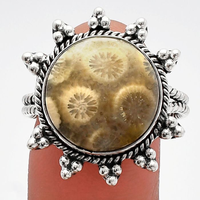 Flower Fossil Coral Ring size-10 SDR228595 R-1234, 15x15 mm