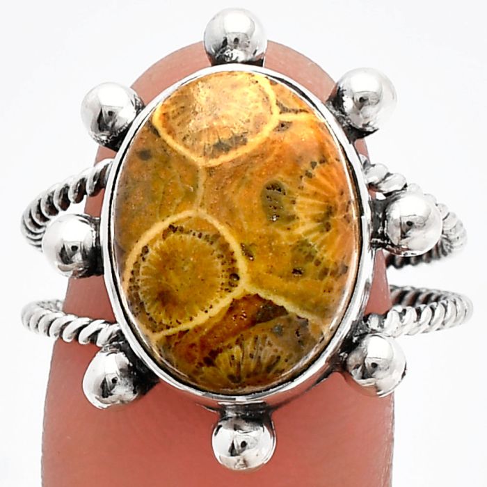 Flower Fossil Coral Ring size-9.5 SDR228985 R-1268, 12x16 mm