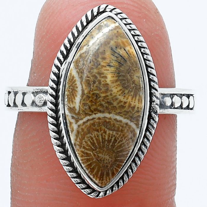 Flower Fossil Coral Ring size-8 SDR229343 R-1066, 9x18 mm