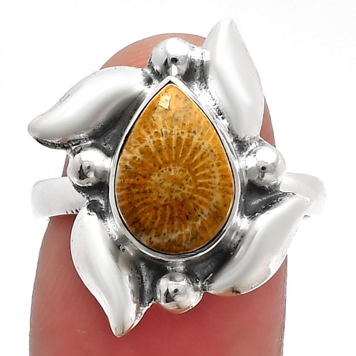 Flower Fossil Coral Ring size-8 SDR229545 R-1125, 8x11 mm