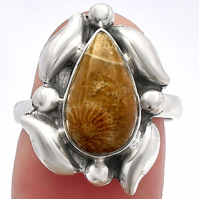 Flower Fossil Coral Ring size-7 SDR229622 R-1125, 8x14 mm