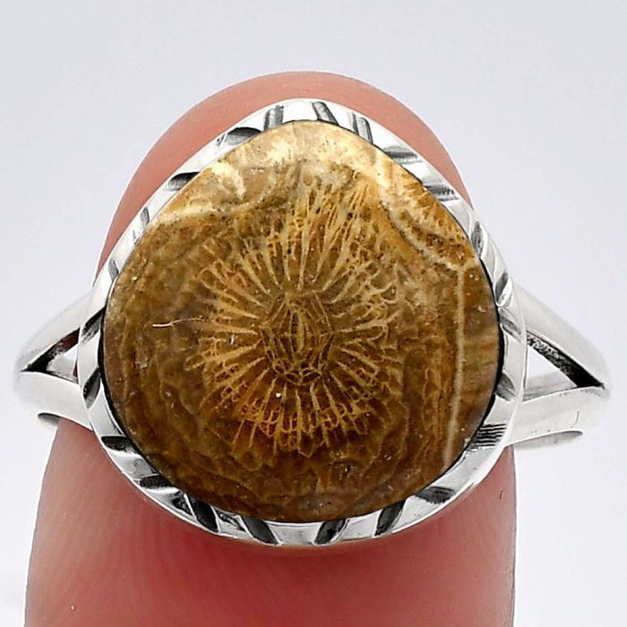 Flower Fossil Coral Ring size-9.5 SDR230743 R-1074, 14x14 mm