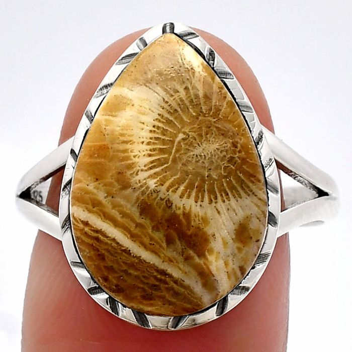 Flower Fossil Coral Ring size-9.5 SDR230761 R-1074, 12x18 mm