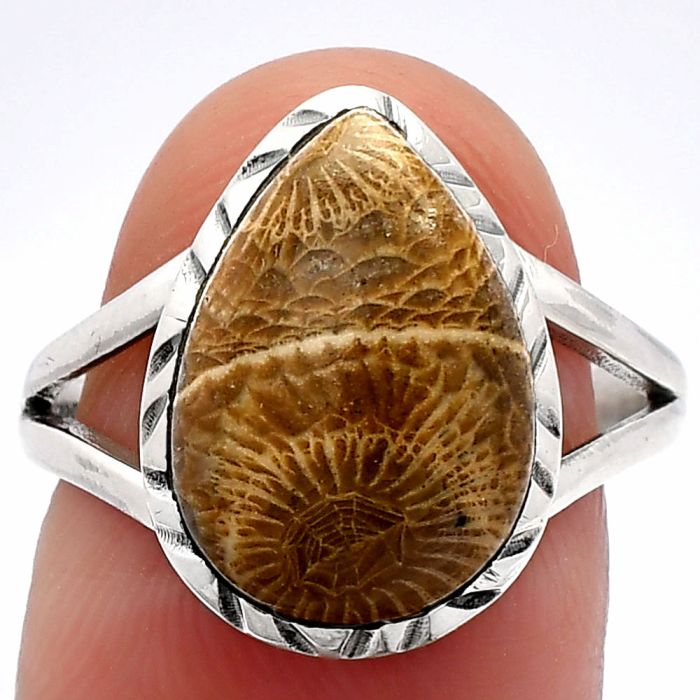 Flower Fossil Coral Ring size-8 SDR231013 R-1074, 11x15 mm