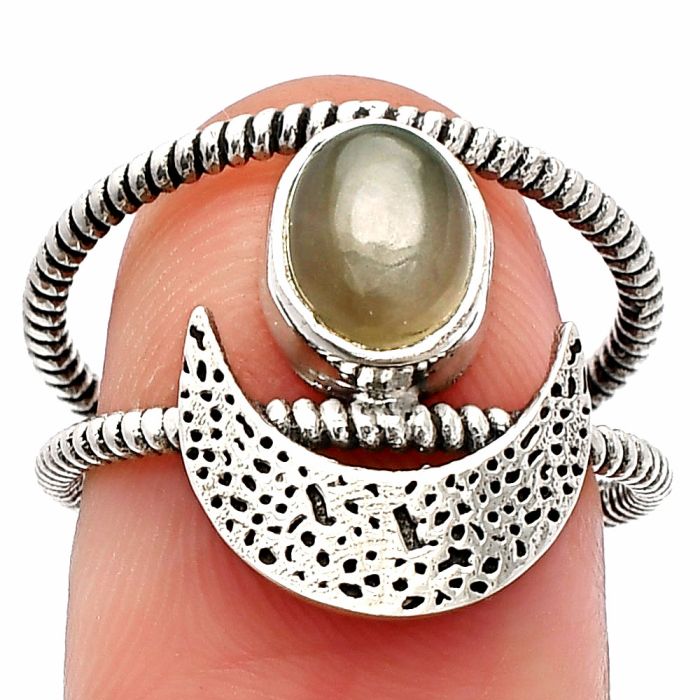 Crescent Moon - Gray Moonstone Ring size-7.5 SDR231047 R-1454, 6x8 mm