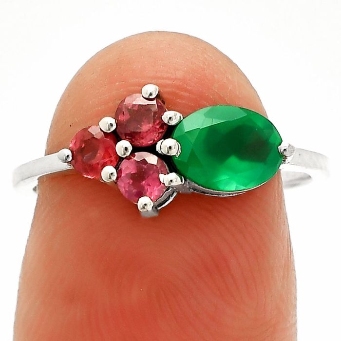 Green Onyx and Garnet Ring size-5 SDR234102 R-1250, 5x7 mm