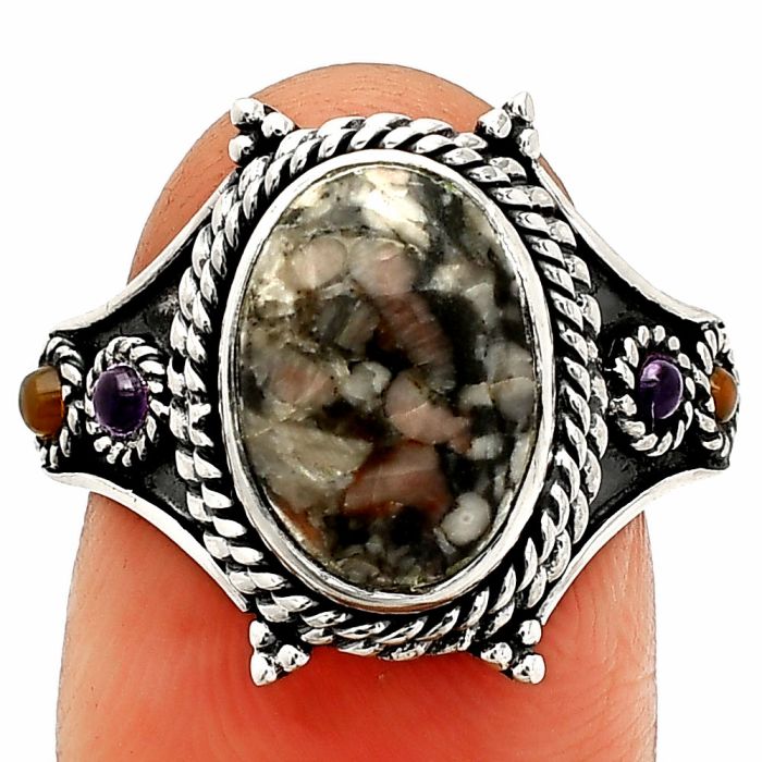 Crinoid Fossil Coral, Amethyst & Carnelian Ring size-9 SDR234363 R-1510, 8x12 mm