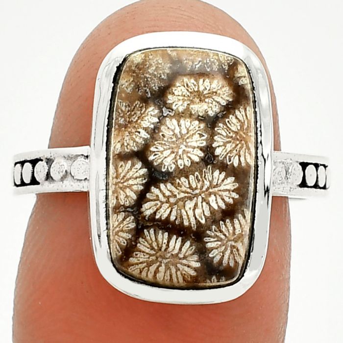 Flower Fossil Coral Ring size-8 SDR235129 R-1060, 10x15 mm