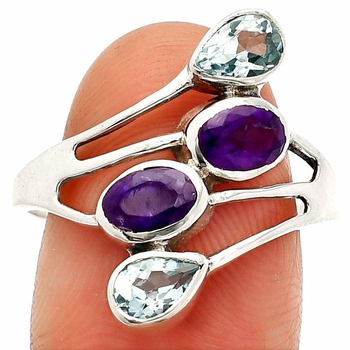 African Amethyst and Sky Blue Topaz Ring size-9.5 SDR235477 R-1053, 4x6 mm