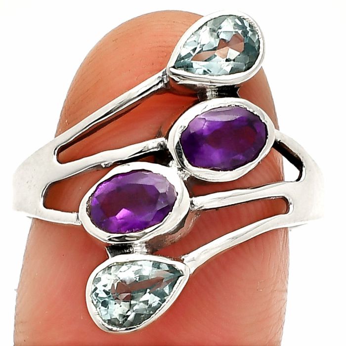 African Amethyst and Sky Blue Topaz Ring size-9 SDR235484 R-1053, 4x6 mm