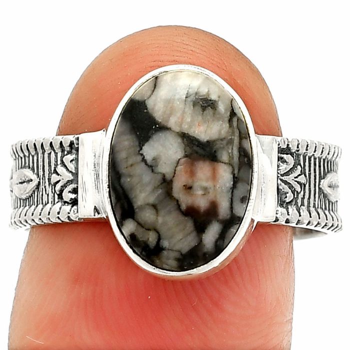 Crinoid Fossil Coral Ring size-9 SDR235599 R-1058, 9x12 mm