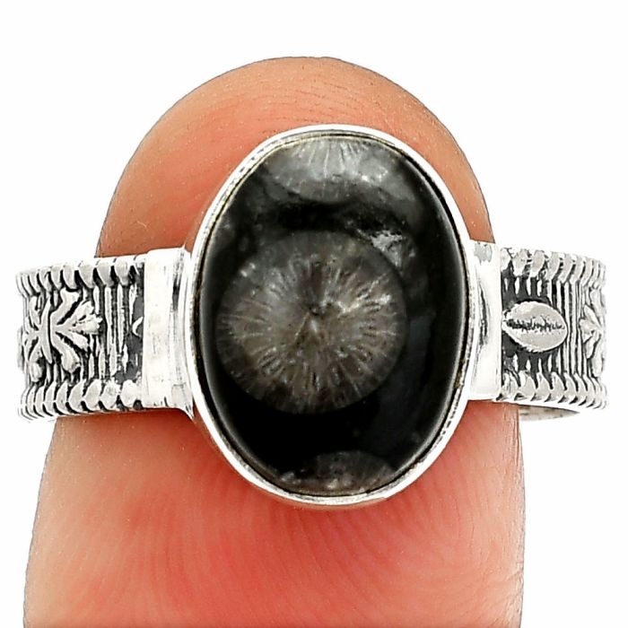 Black Flower Fossil Coral Ring size-9 SDR235615 R-1058, 9x12 mm