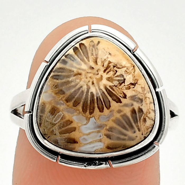 Flower Fossil Coral Ring size-8 SDR235860 R-1012, 13x13 mm